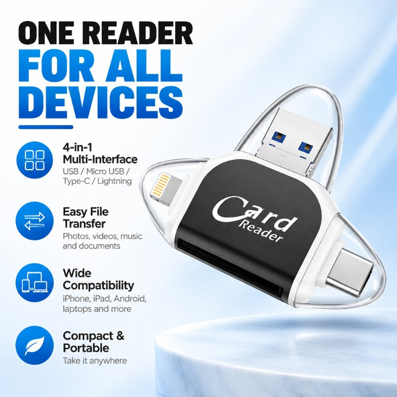 4-in-1 universal SD and TF card reader with USB, USB-C and Lightning connectors